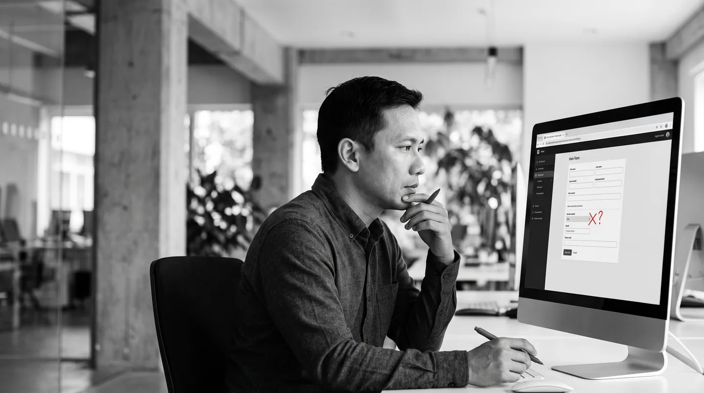 Layar monitor menampilkan antarmuka aplikasi dengan satu bidang ditandai merah.